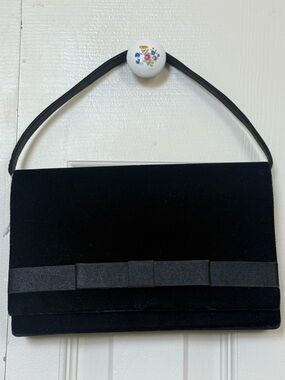 Vintage Black Velvet Clutch Satin Bow Evening Bag Top Handle Classic Chic